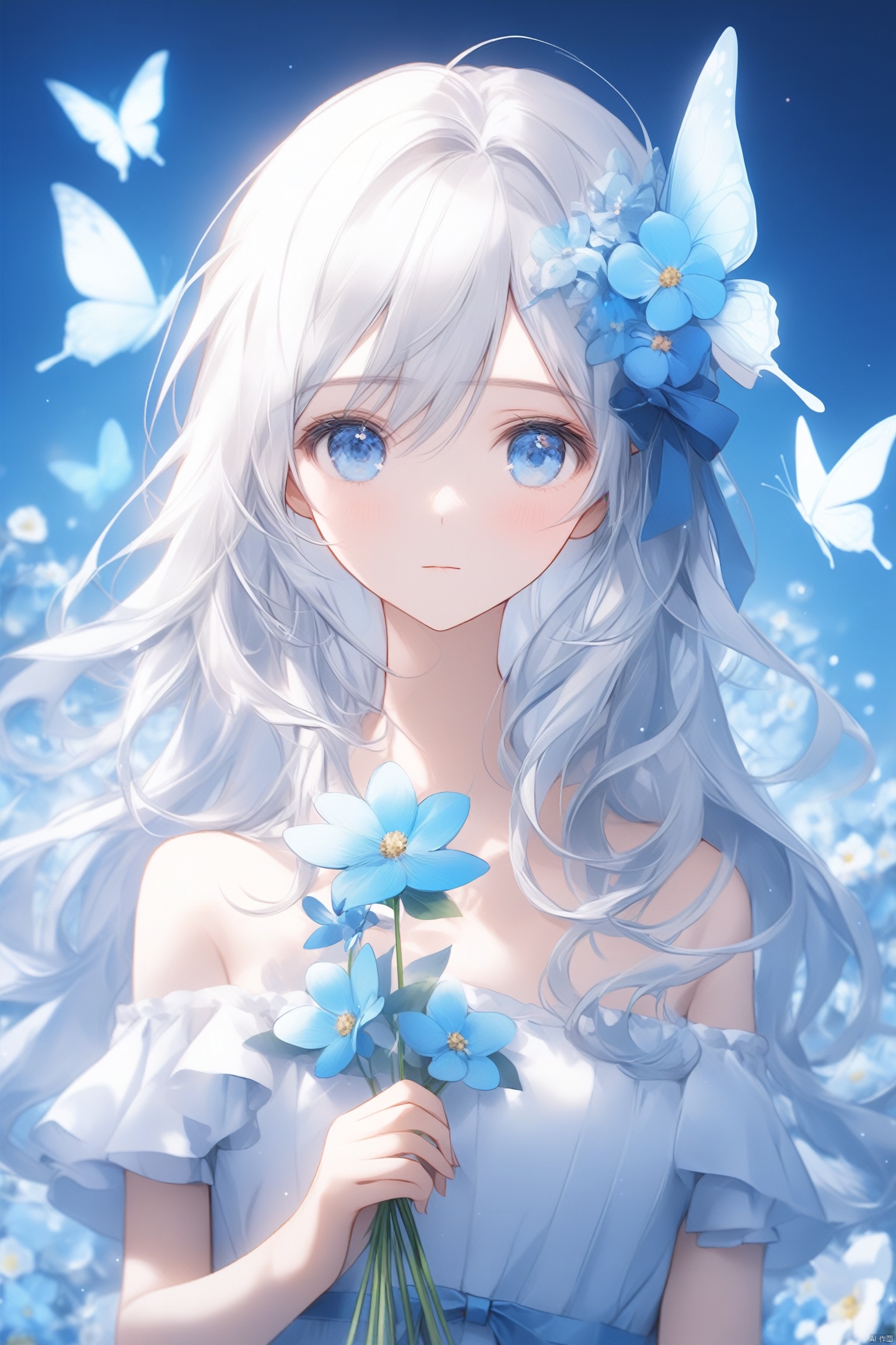  masterpiece,best quality,high quality,(colorful),flower, 1girl, solo, hair ornament, holding, blue flower, bug, hair flower, blue eyes, butterfly, long hair, looking at viewer, dress, hair between eyes, bare shoulders, blue butterfly, upper body, collarbone, white dress, closed mouth, white hair, holding flower, blue theme, strapless, ribbon, tr mini style, Sewing doll, 3DIP,8k,IP