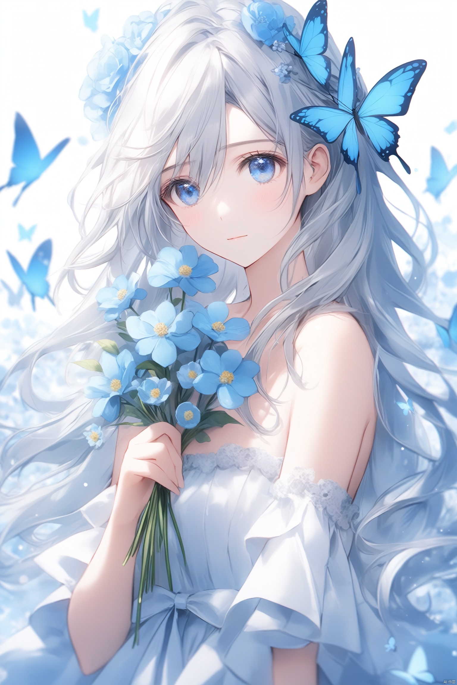  masterpiece,best quality,high quality,(colorful),flower, 1girl, solo, hair ornament, holding, blue flower, bug, hair flower, blue eyes, butterfly, long hair, looking at viewer, dress, hair between eyes, bare shoulders, blue butterfly, upper body, collarbone, white dress, closed mouth, white hair, holding flower, blue theme, strapless, ribbon, tr mini style, Sewing doll, 3DIP,8k,IP