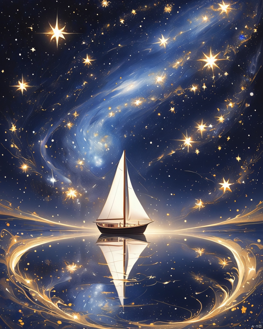 Rich lacquer painting, James R. ads, new meticulous brush, night, the Milky Way through the sky, floating huge luminous clouds, (a small white sailboat crossing the stars: 1.32), the endless sense of space, illusion, reflection, dots, swirls, up and down perspective, fractal art, stars bright, dark night, dark magic