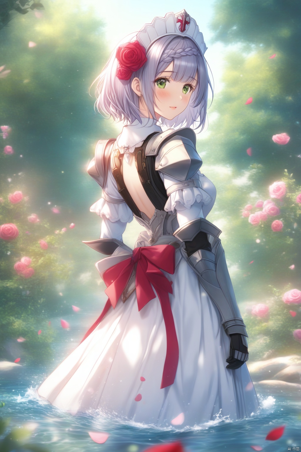  (masterpiece), (best quality), illustration, ultra detailed, hdr, Depth of field, (colorful),[Xnkzzmcz],[iumu],noelle (genshin impact), 1girl, solo, short hair, braid, armor, looking at viewer, green eyes, petals, wading, flower, skirt hold, rose, hair ornament, grey hair, maid headdress, looking back, water, shoulder armor, red rose, red flower, dress, maid, bangs, from behind, armored dress, gauntlets, hair flower, blush, standing, Illustration