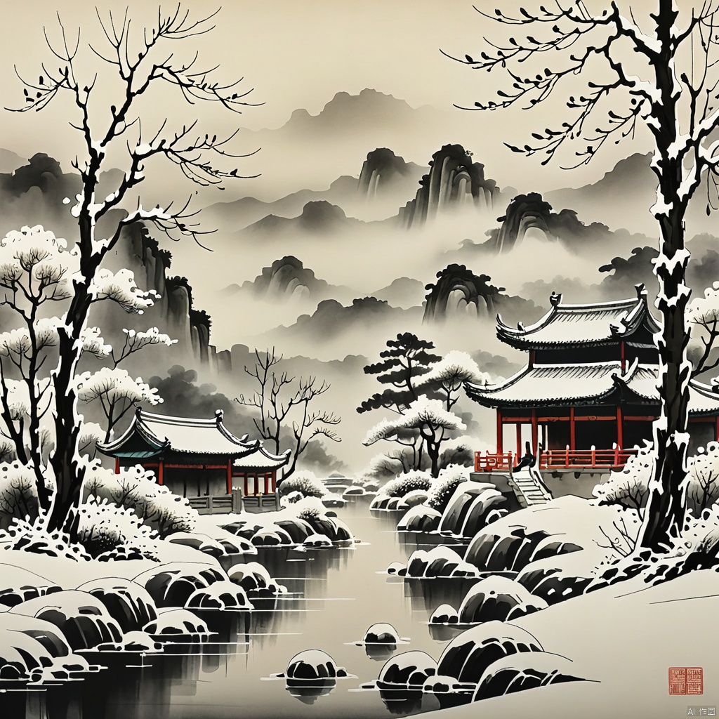 winter,
Chinese ink painting,
