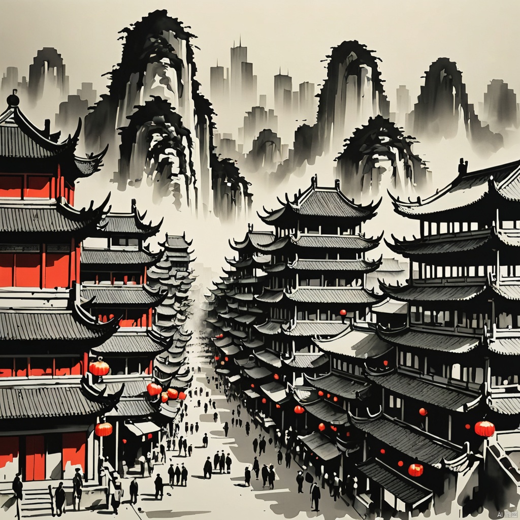 city
Chinese ink painting,
