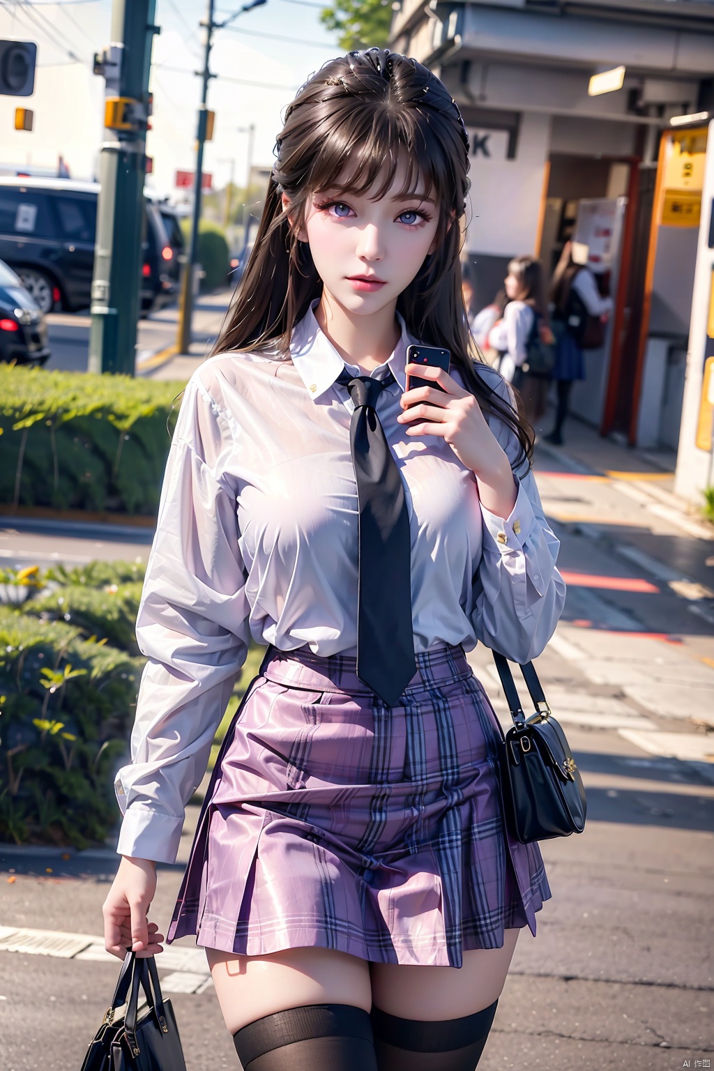  8K image., shinkai color,1girl, solo, long hair, skirt, shirt, thighhighs, holding, school uniform, purple eyes, white shirt,  necktie, black thighhighs, bag, zettai ryouiki, phone, cellphone, smartphone, holding phone,