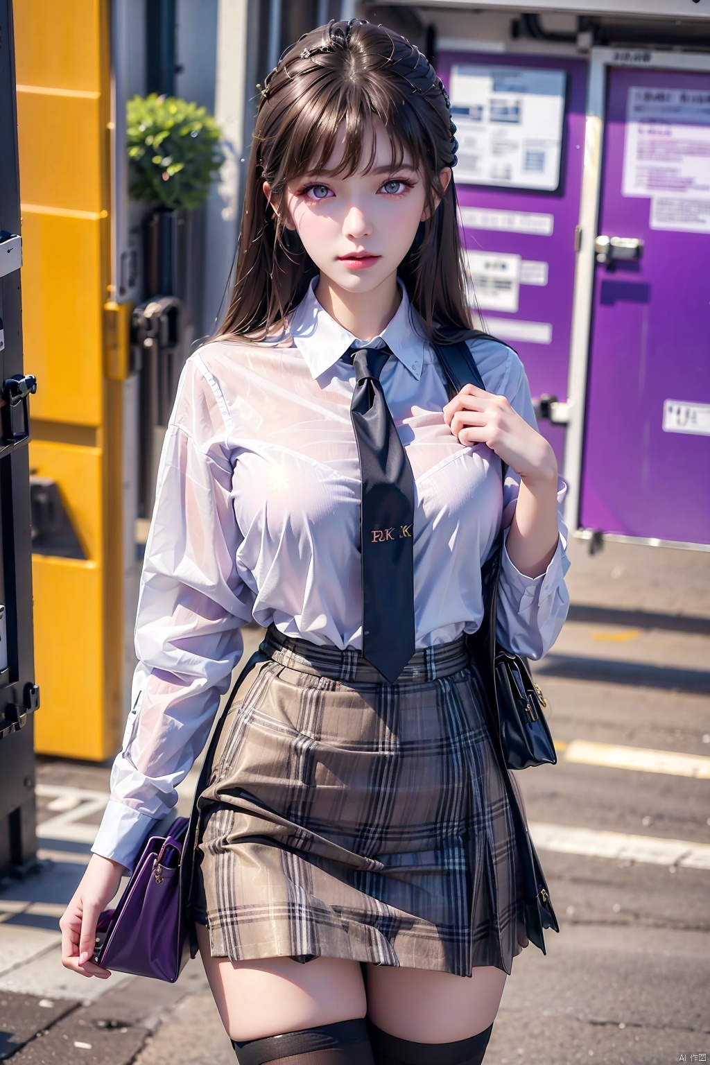  8K image., shinkai color,1girl, solo, long hair, skirt, shirt, thighhighs, holding, school uniform, purple eyes, white shirt,  necktie, black thighhighs, bag, zettai ryouiki, phone, cellphone, smartphone, holding phone,