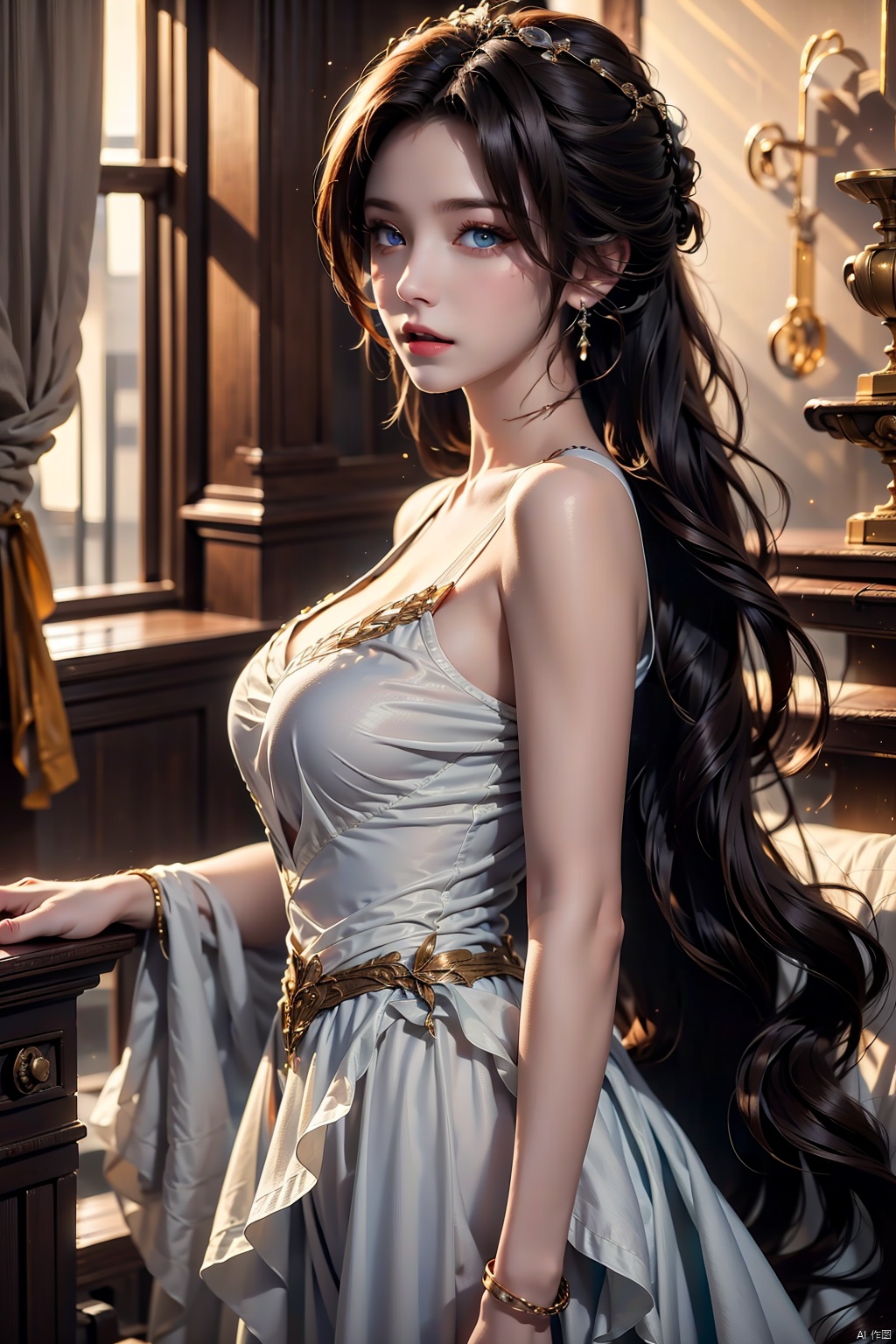  masterpiece,best quality,extremely high detailed,intricate,8k,HDR,wallpaper,cinematic lighting,(universe:1.4),Huge chest, , lxq,1girl, solo, long hair, looking at viewer, blue eyes, black hair, hair ornament, dress, bare shoulders, jewelry, earrings, parted lips, indoors, white dress, bracelet, from side, window, curtains, couch