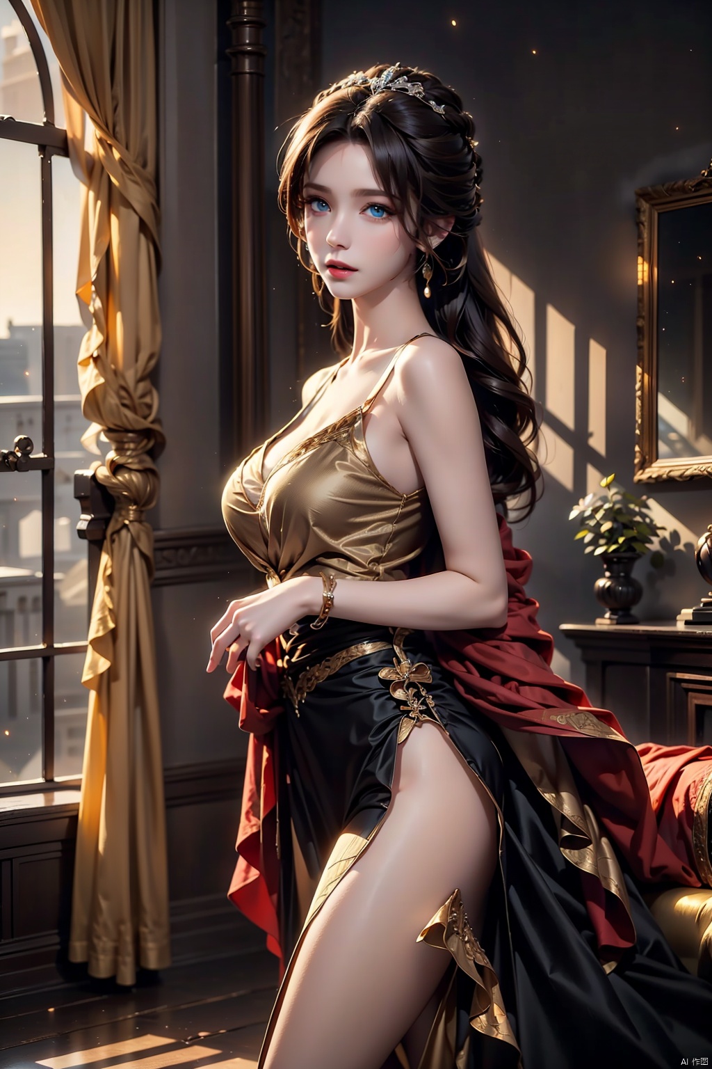  masterpiece,best quality,extremely high detailed,intricate,8k,HDR,wallpaper,cinematic lighting,(universe:1.4),Huge chest, , lxq,1girl, solo, long hair, looking at viewer, blue eyes, black hair, hair ornament, dress, bare shoulders, jewelry, earrings, parted lips, indoors, white dress, bracelet, from side, window, curtains, couch