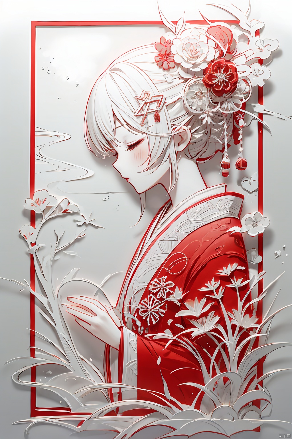 1girl, solo, hair ornament, long sleeves, closed mouth, closed eyes, upper body, flower, white hair, japanese clothes, hair flower, kimono, hair bun, from side, profile,fdjz