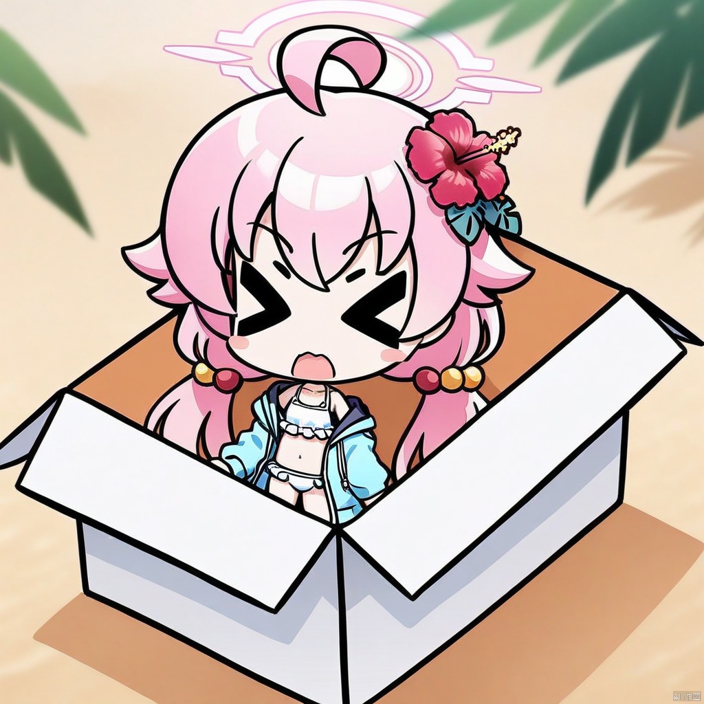 chibi, in-box, > <, (masterpiece),(best quality),solo, red flower, 1girl, hoshino (blue archive), flower, blue jacket, hoshino (swimsuit) (blue archive), hair ornament, white bikini, frilled bikini, heterochromia, swimsuit, twintails, long hair, ahoge, yellow eyes, bikini, navel, halo, blush, looking at viewer, jacket, frills, low twintails, blue eyes, open mouth, pink hair, collarbone, hair between eyes, hair bobbles, outdoors, long sleeves, hair flower, official alternate costume, hibiscus, open clothes, blurry