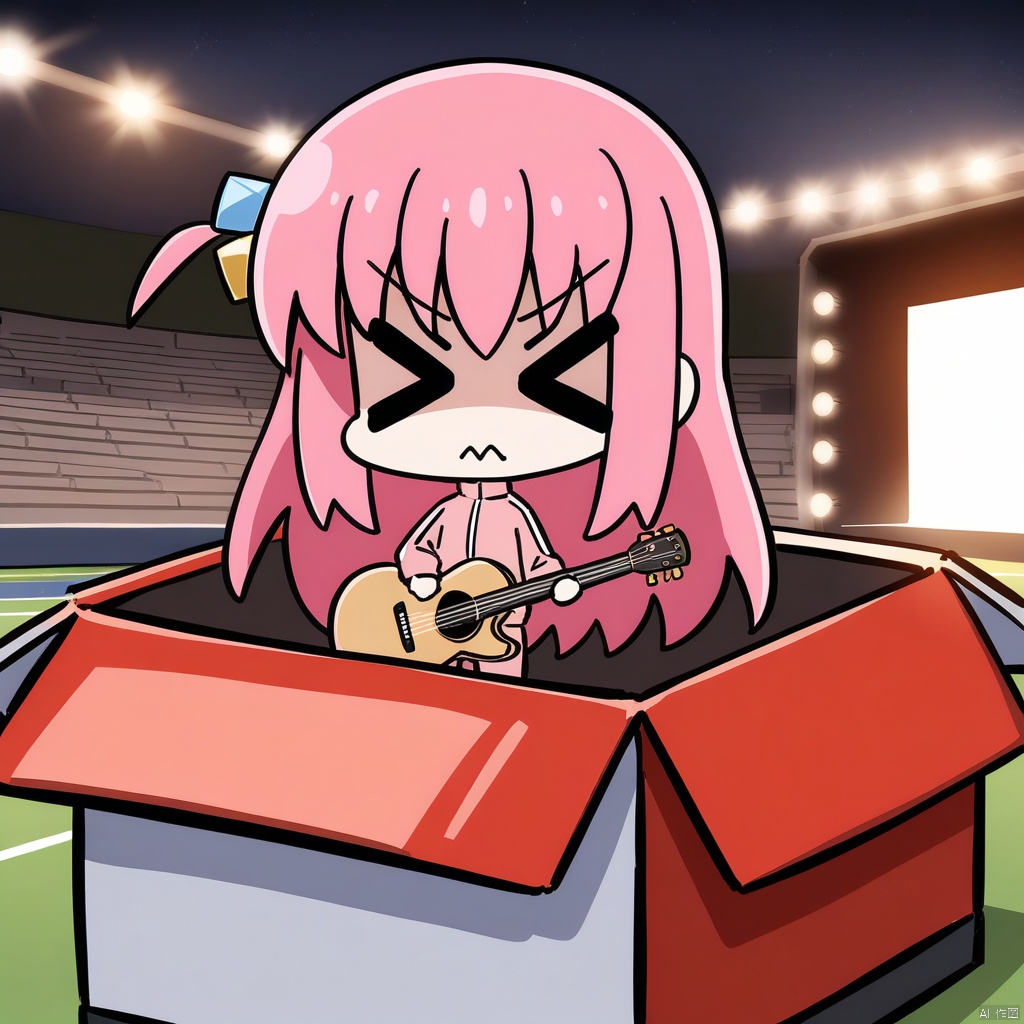 chibi, in-box, > <, (masterpiece),(best quality),1/girl, gotoh_hitori, bocchi_the_rock!, masterpiece, best quality, very aesthetic, absurdres, standing, stadium, holding guitar, facing viewer, nervous expression, pink tracksuit, audience background, stage lights, night, 2.5D,