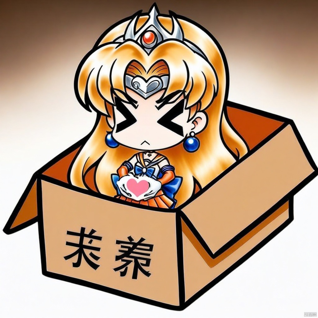 chibi, in-box, > <,(masterpiece),(best quality),1girl,sailor venus,masterpiece,best quality,very aesthetic,absurdres,aavenus,long hair,blonde hair,hair bow,tiara,blue eyes,earrings,orange choker,collarbone,orange sailor collar,blue bowtie,white shirt,white leotard,elbow gloves,white gloves,pleated skirt,orange skirt,heart hands,traditional media,