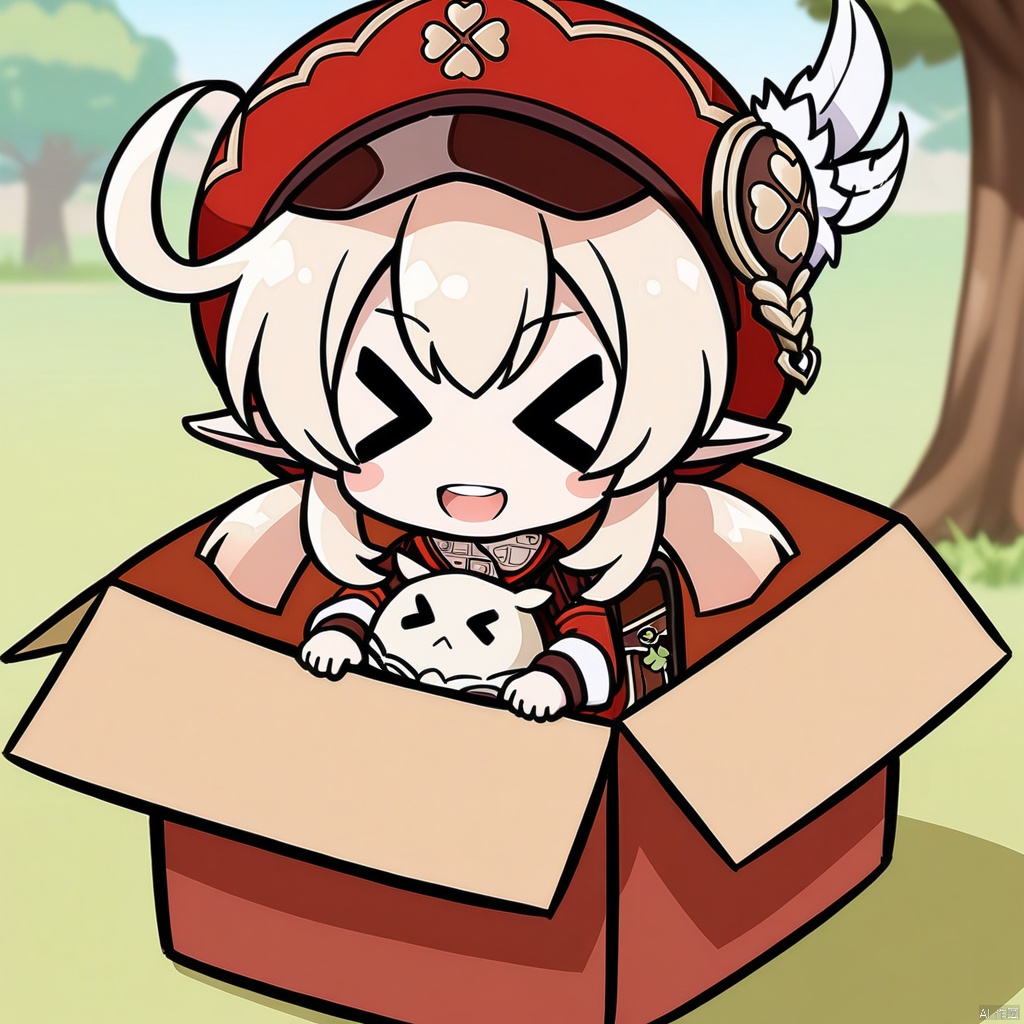 chibi, in-box, > <, masterpiece,best quality,klee, 1girl, klee \(genshin impact\), hat, bag, red eyes, smile, solo, red dress, dress, hat feather, blush, bangs, open mouth, long sleeves, red headwear, backpack, sitting, dodoco \(genshin impact\), outdoors, twintails, blonde hair, looking at viewer, hair between eyes, pointy ears, :d, upper teeth only, feathers, teeth, tree, low twintails, cabbie hat, brown bag, long hair, day, white feathers, sidelocks, eyelashes, object hug, blurry, holding, jumpy dumpty