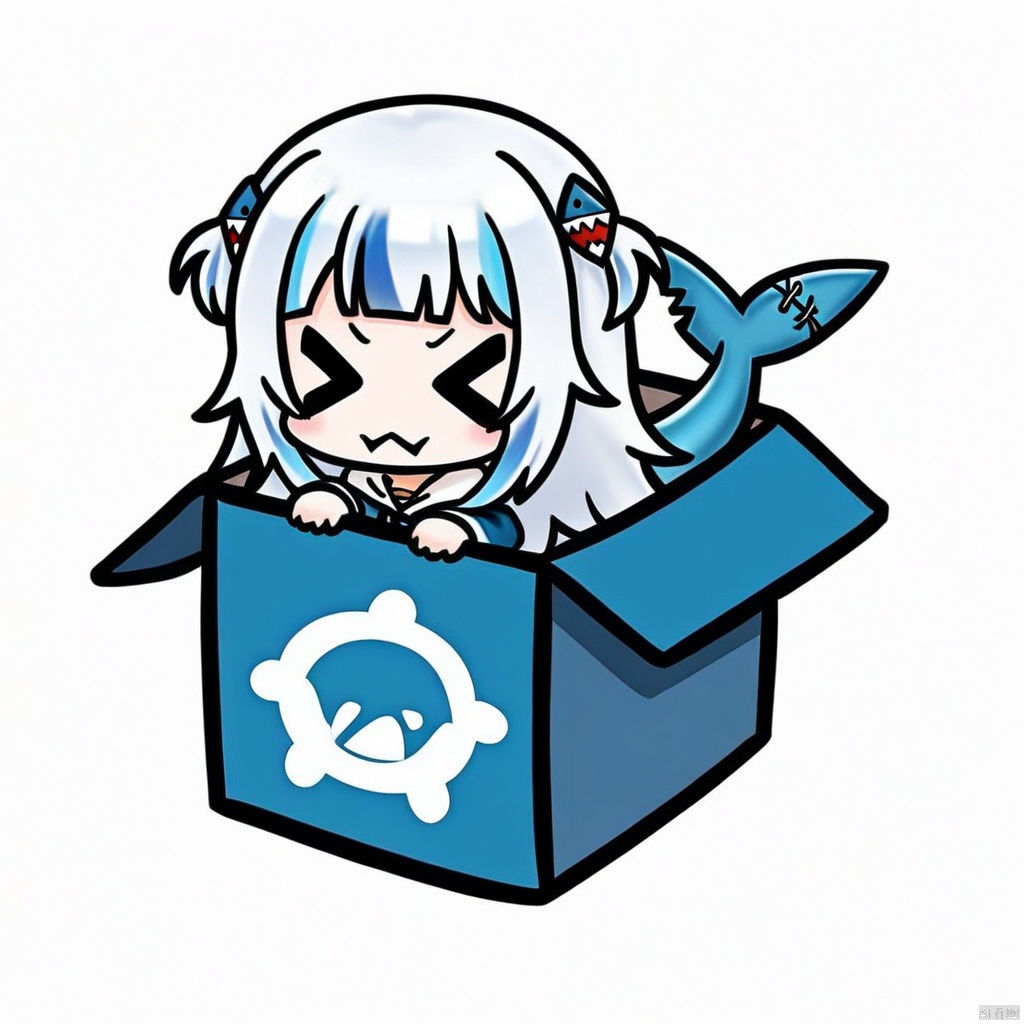 chibi, in-box, > <,1girl, gawr gura, virtual youtuber, tail, fish tail, shark tail, solo, blue eyes, multicolored hair, grey hair, full body, blue hair, streaked hair, bangs, hair ornament, shark hair ornament, two side up, white background, hood, blunt bangs, shark girl, hoodie, simple background, blue hoodie