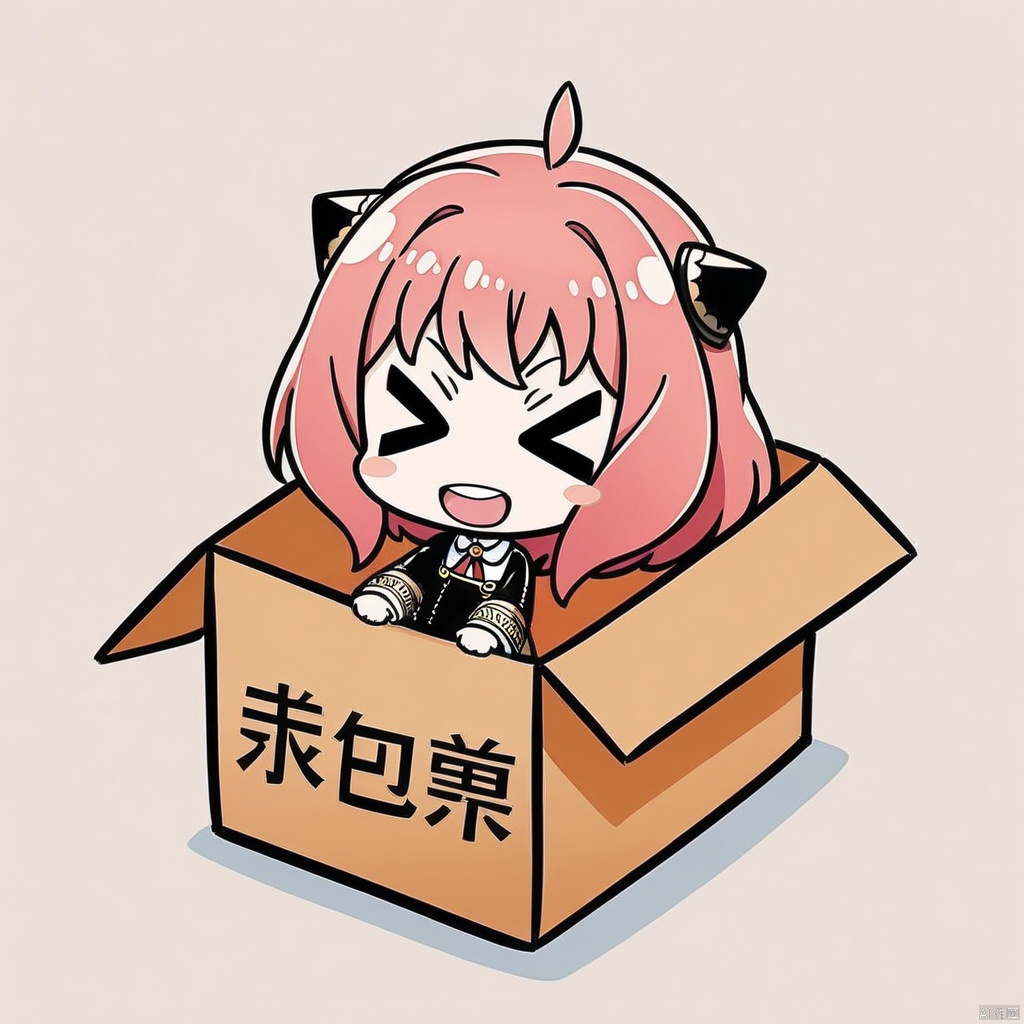 chibi, in-box, > <, (masterpiece),(best quality),Anya Forger, 1girl, anya \(spy x family\), solo, female child, pink hair, green eyes, school uniform, eden academy school uniform, smile, dress, sitting, looking at viewer, open mouth, black footwear, black dress, child, shirt, :d, long sleeves, full body, shoes, medium hair, bangs, ahoge, white pantyhose, collared shirt
