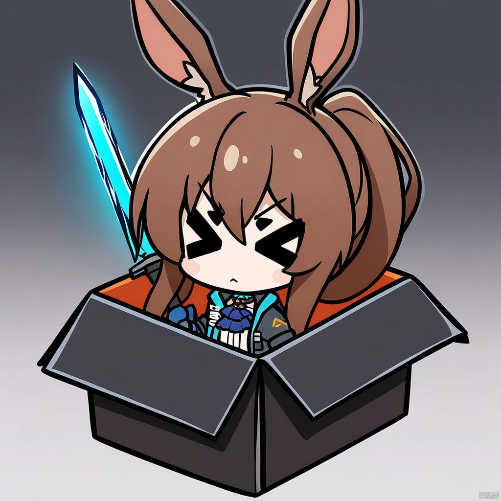 chibi, in-box, > <, (masterpiece),(best quality),1girl, animal ears, amiya (arknights), solo, blue eyes, rabbit ears, long hair, holding, looking at viewer, blood, weapon, blue ascot, upper body, holding weapon, brown hair, ascot, hair between eyes, sword, holding sword, jacket, blood on face, closed mouth, open clothes, sidelocks, open jacket, jewelry, shirt, neck ring, white shirt, black jacket, ponytail, glowing,