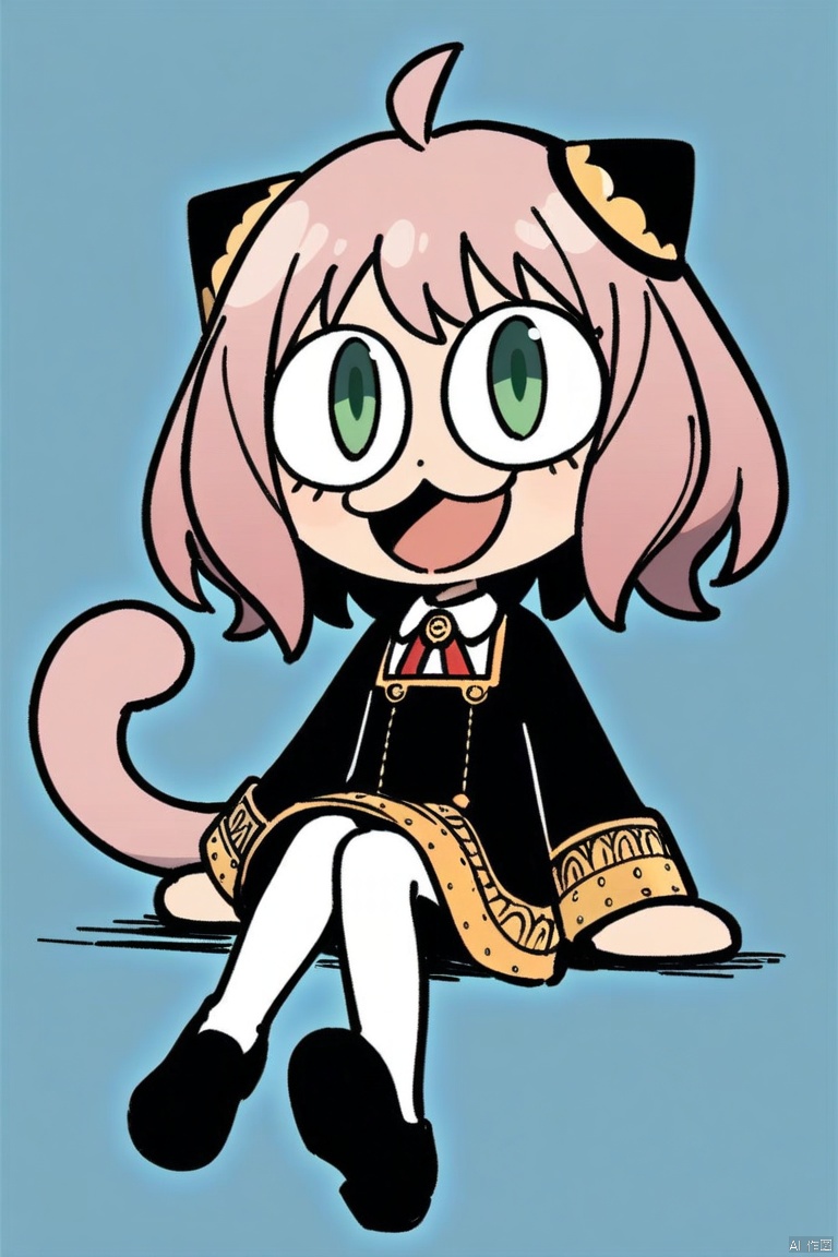 neco-arc, chibi, :3, tail,full body,(masterpiece),(best quality),Anya Forger, 1girl, anya \(spy x family\), solo, female child, pink hair, green eyes, school uniform, eden academy school uniform, smile, dress, sitting, looking at viewer, open mouth, black footwear, black dress, child, shirt, :d, long sleeves, full body, shoes, medium hair, bangs, ahoge, white pantyhose, collared shirt