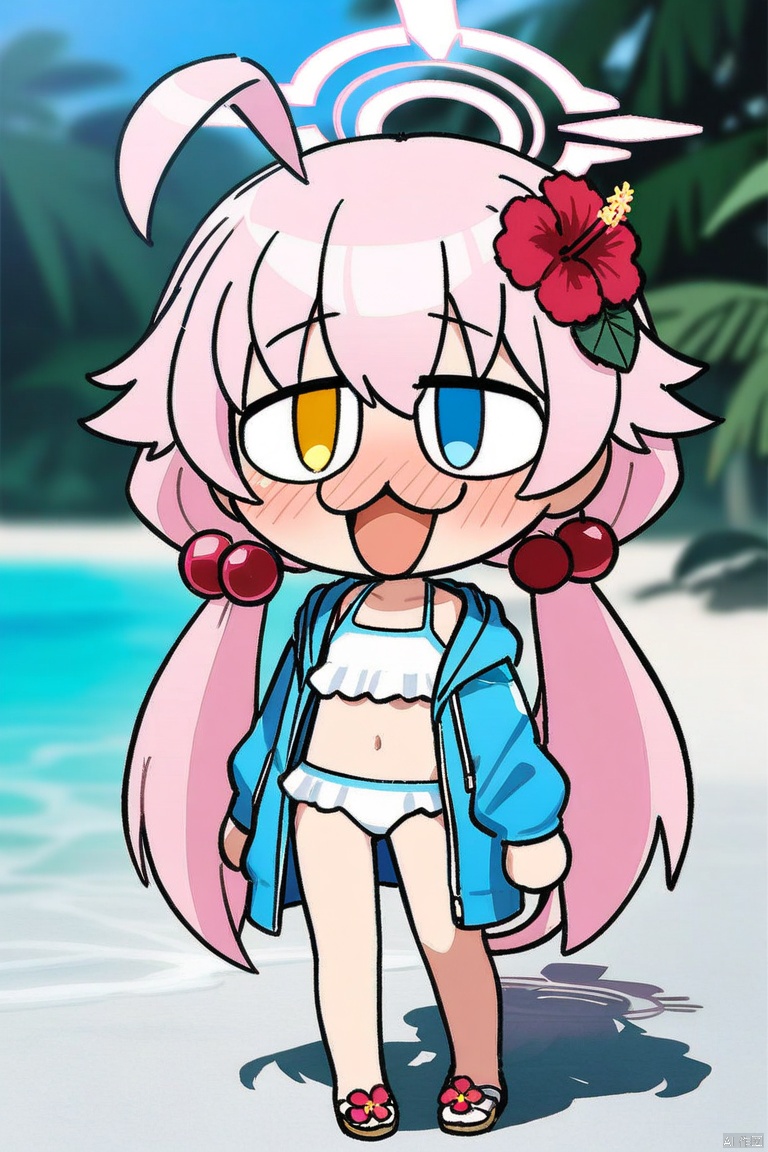 neco-arc, chibi, :3, tail,full body,(masterpiece),(best quality),solo, red flower, 1girl, hoshino (blue archive), flower, blue jacket, hoshino (swimsuit) (blue archive), hair ornament, white bikini, frilled bikini, heterochromia, swimsuit, twintails, long hair, ahoge, yellow eyes, bikini, navel, halo, blush, looking at viewer, jacket, frills, low twintails, blue eyes, open mouth, pink hair, collarbone, hair between eyes, hair bobbles, outdoors, long sleeves, hair flower, official alternate costume, hibiscus, open clothes, blurry