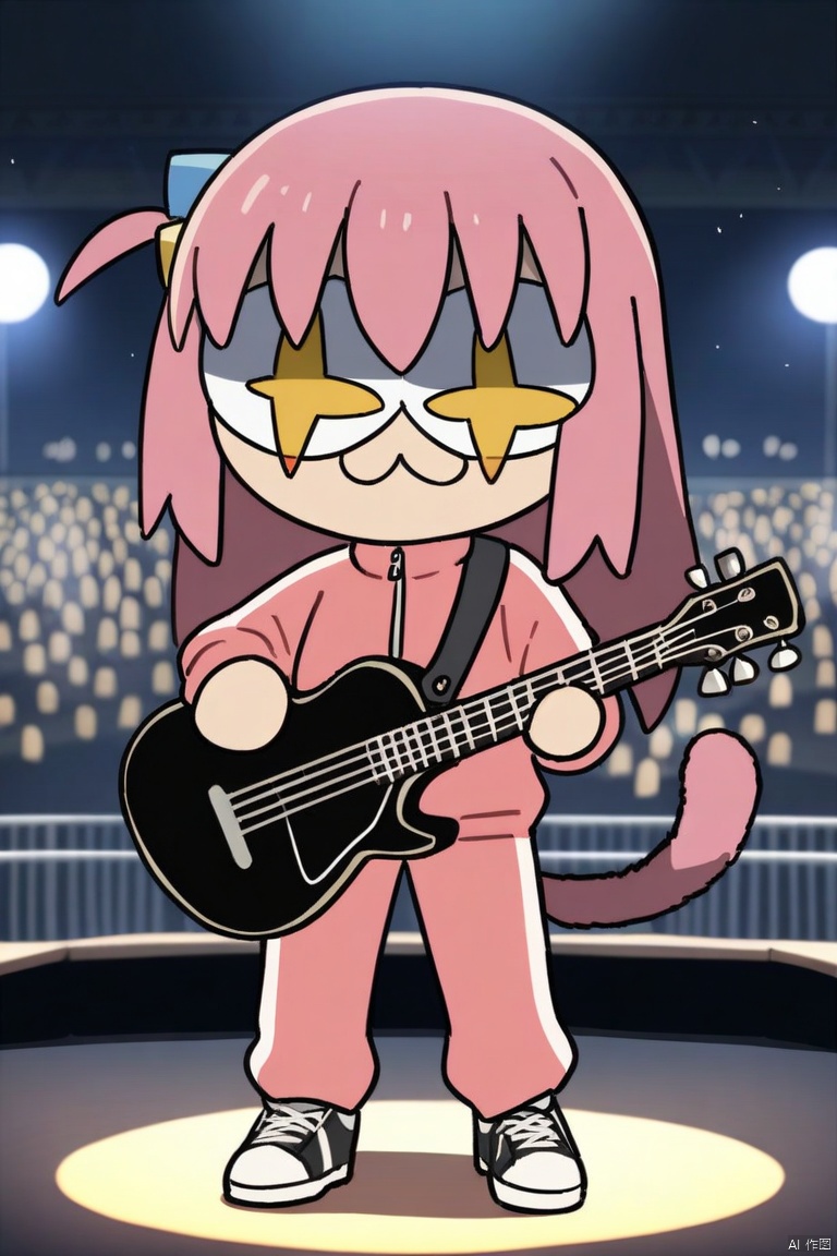 neco-arc, chibi, :3, tail,full body,(masterpiece),(best quality),1/girl, gotoh_hitori, bocchi_the_rock!, masterpiece, best quality, very aesthetic, absurdres, standing, stadium, holding guitar, facing viewer, nervous expression, pink tracksuit, audience background, stage lights, night, 2.5D,