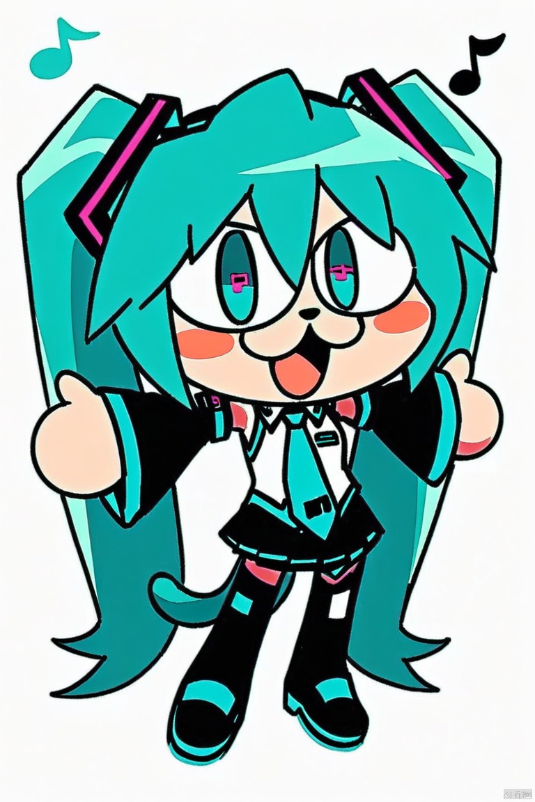 neco-arc, chibi, :3, tail,full body,(masterpiece),(best quality),1girl, hatsune miku, twintails, necktie, solo, skirt, shirt, aqua hair, black skirt, aqua eyes, detached sleeves, long hair, sleeveless, white shirt, open mouth, white background, aqua necktie, black sleeves, sleeveless shirt, outstretched arms, very long hair, blush stickers, pleated skirt, hair ornament, miniskirt, bare shoulders, musical note
