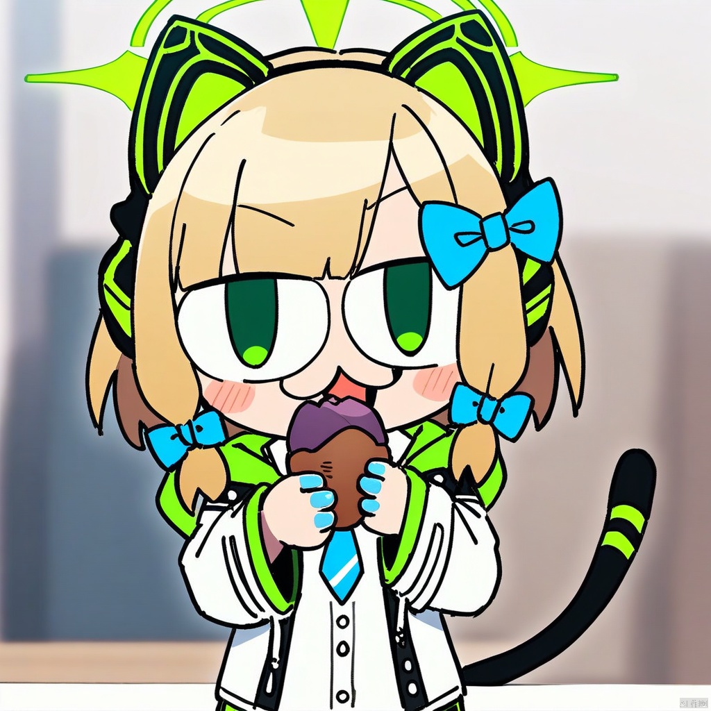 neco-arc, chibi, :3, tail,full body, (masterpiece),(best quality),cat girl,midori \(blue archive\),blue archive,aiamu iamu,holding food,holding,hooded jacket,food,sidelocks,:d,collared shirt,blurry,long sleeves,puffy sleeves,headphones,blue bow,hand up,necktie,upper body,halo,looking at viewer,jacket,sleeves past wrists,blush,nail polish,blue necktie,animal ear headphones,blurry background,blonde hair,shirt,green eyes,hood down,open clothes,depth of field,hood,smile,white jacket,fake animal ears,bow,puffy long sleeves,open jacket,solo,dress shirt,animal ears,white shirt,blue nails,hair bow,long hair,drawstring,sweet potato,