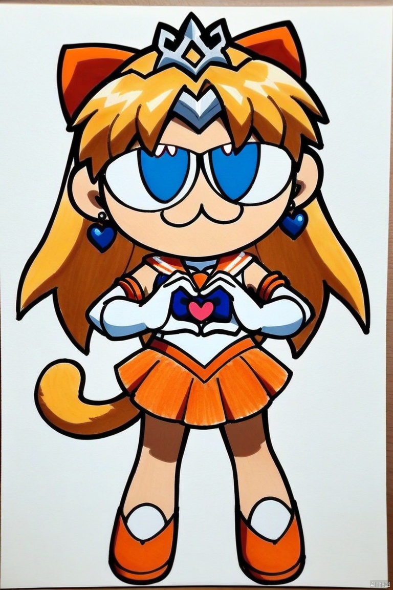neco-arc, chibi, :3, tail, full body,(masterpiece),(best quality),1girl,sailor venus,masterpiece,best quality,very aesthetic,absurdres,aavenus,long hair,blonde hair,hair bow,tiara,blue eyes,earrings,orange choker,collarbone,orange sailor collar,blue bowtie,white shirt,white leotard,elbow gloves,white gloves,pleated skirt,orange skirt,heart hands,traditional media,