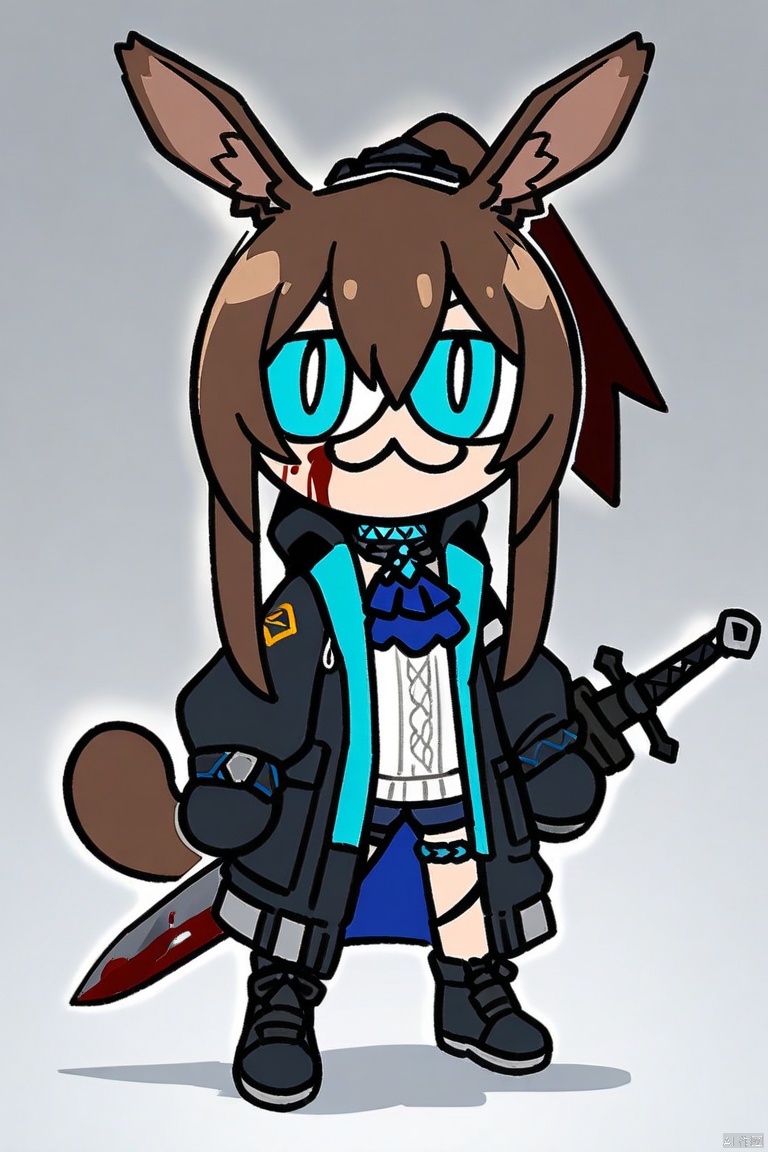 neco-arc, chibi, :3, tail,full body,(masterpiece),(best quality),1girl, animal ears, amiya (arknights), solo, blue eyes, rabbit ears, long hair, holding, looking at viewer, blood, weapon, blue ascot, upper body, holding weapon, brown hair, ascot, hair between eyes, sword, holding sword, jacket, blood on face, closed mouth, open clothes, sidelocks, open jacket, jewelry, shirt, neck ring, white shirt, black jacket, ponytail, glowing,