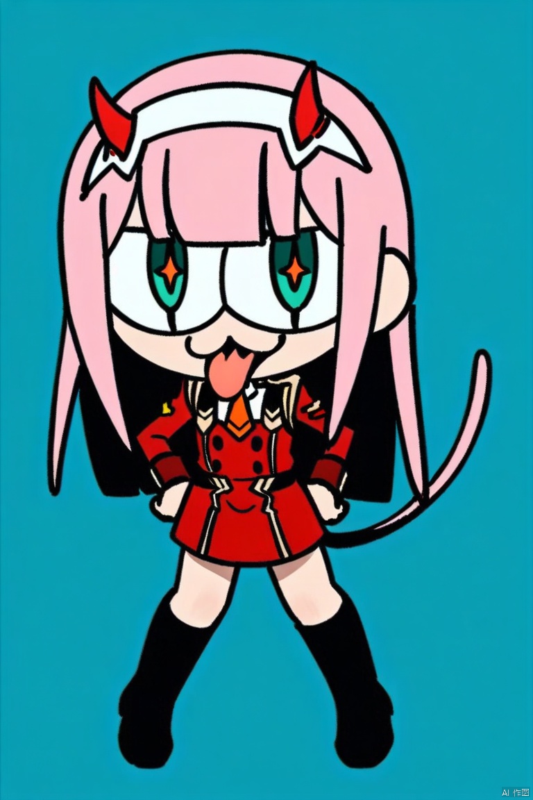 neco-arc, chibi, :3, tail,full body,(masterpiece),(best quality),1girl, aqua_background, aqua_eyes, blue_background, buttons, double-breasted, fangs, green_eyes, hairband, horns, long_hair, looking_at_viewer, military, military_uniform, necktie, pink_hair, sky, solo, tongue, tongue_out, uniform, white_hairband, zero_two_\(darling_in_the_franxx\)