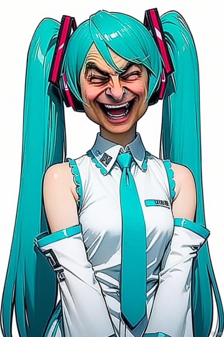 Mr.Bean-face,(masterpiece, best quality), BREAK 1girl, hatsune miku, solo, twintails, long hair, closed eyes, aqua hair, heart, detached sleeves, open mouth, sleeveless shirt, shirt, smile, very long hair, sleeveless, blush stickers, pink eyes, simple background, hair ornament, bangs, upper body, necktie, white background, no nose, aqua necktie