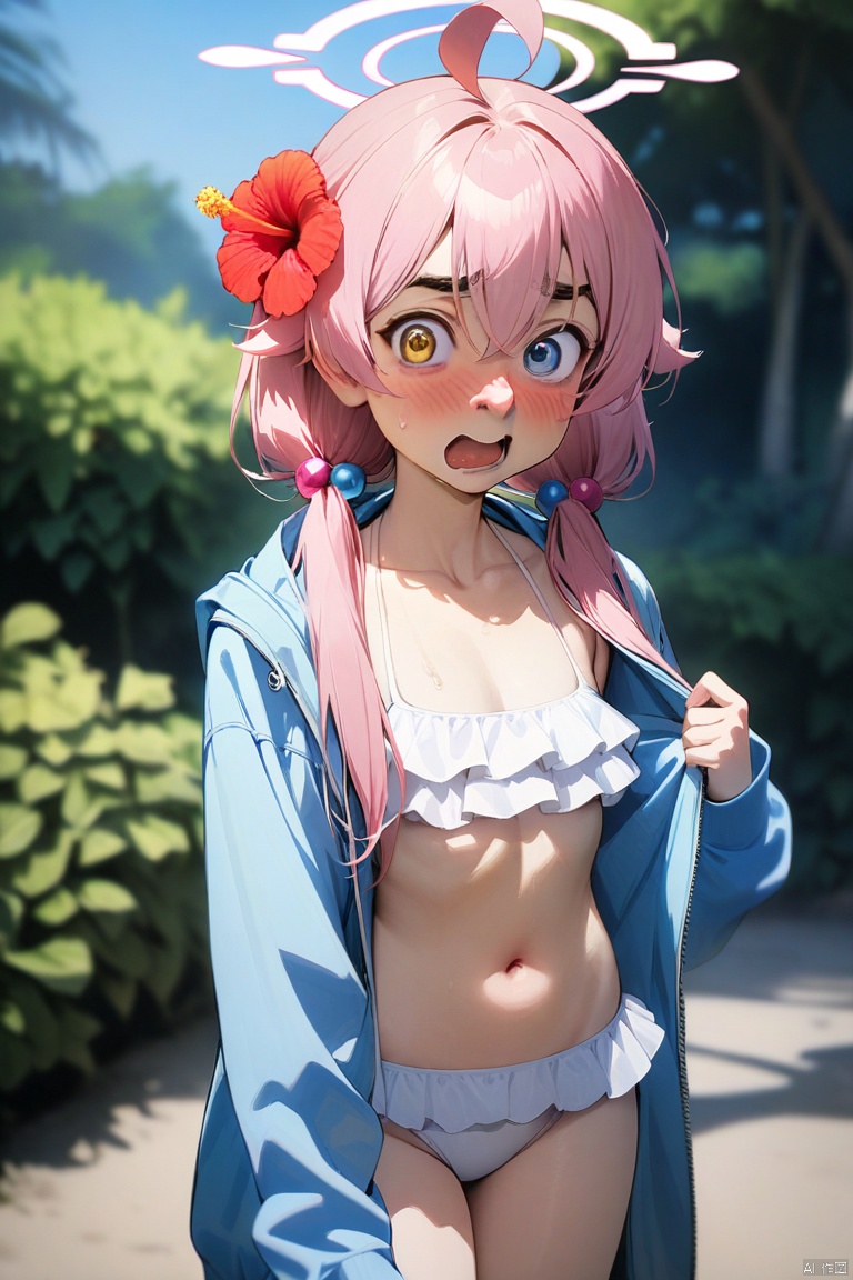Mr.Bean-face,(masterpiece),(best quality),solo, red flower, 1girl, hoshino (blue archive), flower, blue jacket, hoshino (swimsuit) (blue archive), hair ornament, white bikini, frilled bikini, heterochromia, swimsuit, twintails, long hair, ahoge, yellow eyes, bikini, navel, halo, blush, looking at viewer, jacket, frills, low twintails, blue eyes, open mouth, pink hair, collarbone, hair between eyes, hair bobbles, outdoors, long sleeves, hair flower, official alternate costume, hibiscus, open clothes, blurry