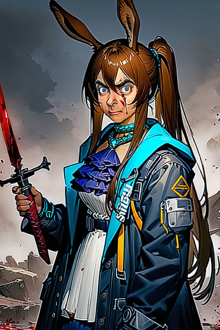 Mr.Bean-face,full body,(masterpiece),(best quality),1girl, animal ears, amiya (arknights), solo, blue eyes, rabbit ears, long hair, holding, looking at viewer, blood, weapon, blue ascot, upper body, holding weapon, brown hair, ascot, hair between eyes, sword, holding sword, jacket, blood on face, closed mouth, open clothes, sidelocks, open jacket, jewelry, shirt, neck ring, white shirt, black jacket, ponytail, glowing,