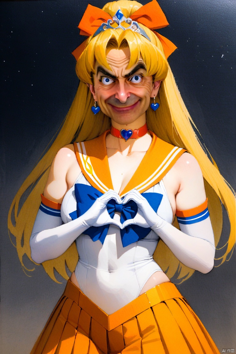 Mr.Bean-face,(masterpiece),(best quality),1girl,sailor venus,masterpiece,best quality,very aesthetic,absurdres,aavenus,long hair,blonde hair,hair bow,tiara,blue eyes,earrings,orange choker,collarbone,orange sailor collar,blue bowtie,white shirt,white leotard,elbow gloves,white gloves,pleated skirt,orange skirt,heart hands,traditional media,watercolor,