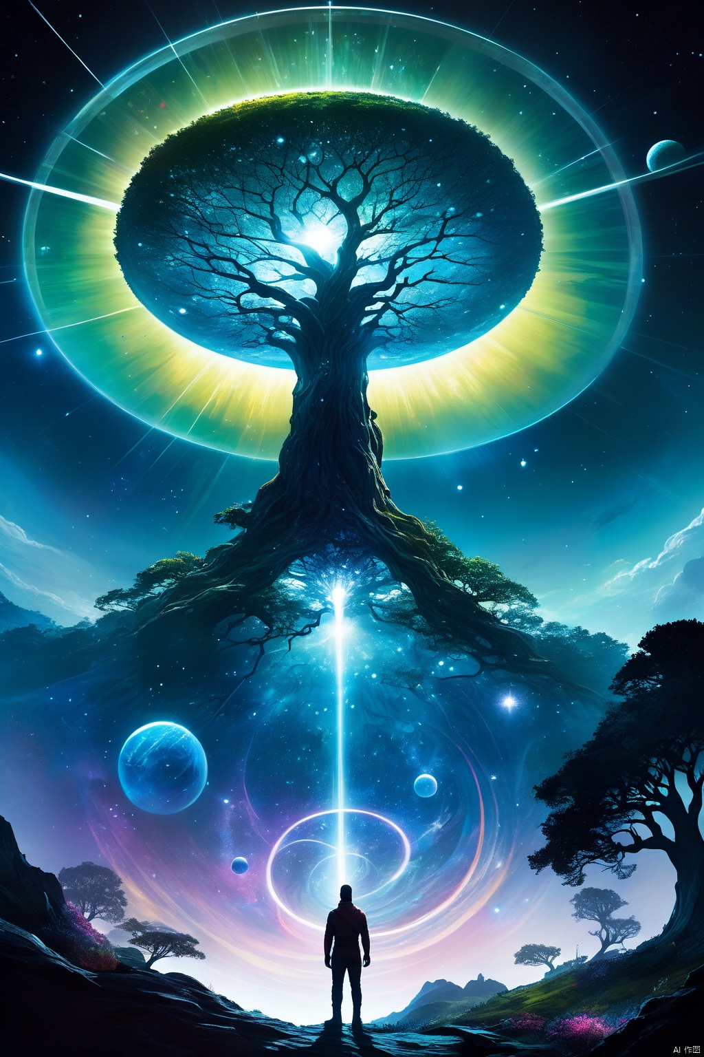 Concept art, stereo light and shadow like art, science fiction scene painting, vivid color, fantasy style, hierarchical, huge, large, (close view, look up), fantasy dark universe, deep and lonely, (a surreal translucent, shining giant tree, Floating in the universe, a giant sun is at the top, with colorful energy connected to it (galaxy, planet, galaxy), (surreal epic scene, crystal crystal, dreamlike), charming visual effect, Arnold, Cara, oc rendering, volume light, huge