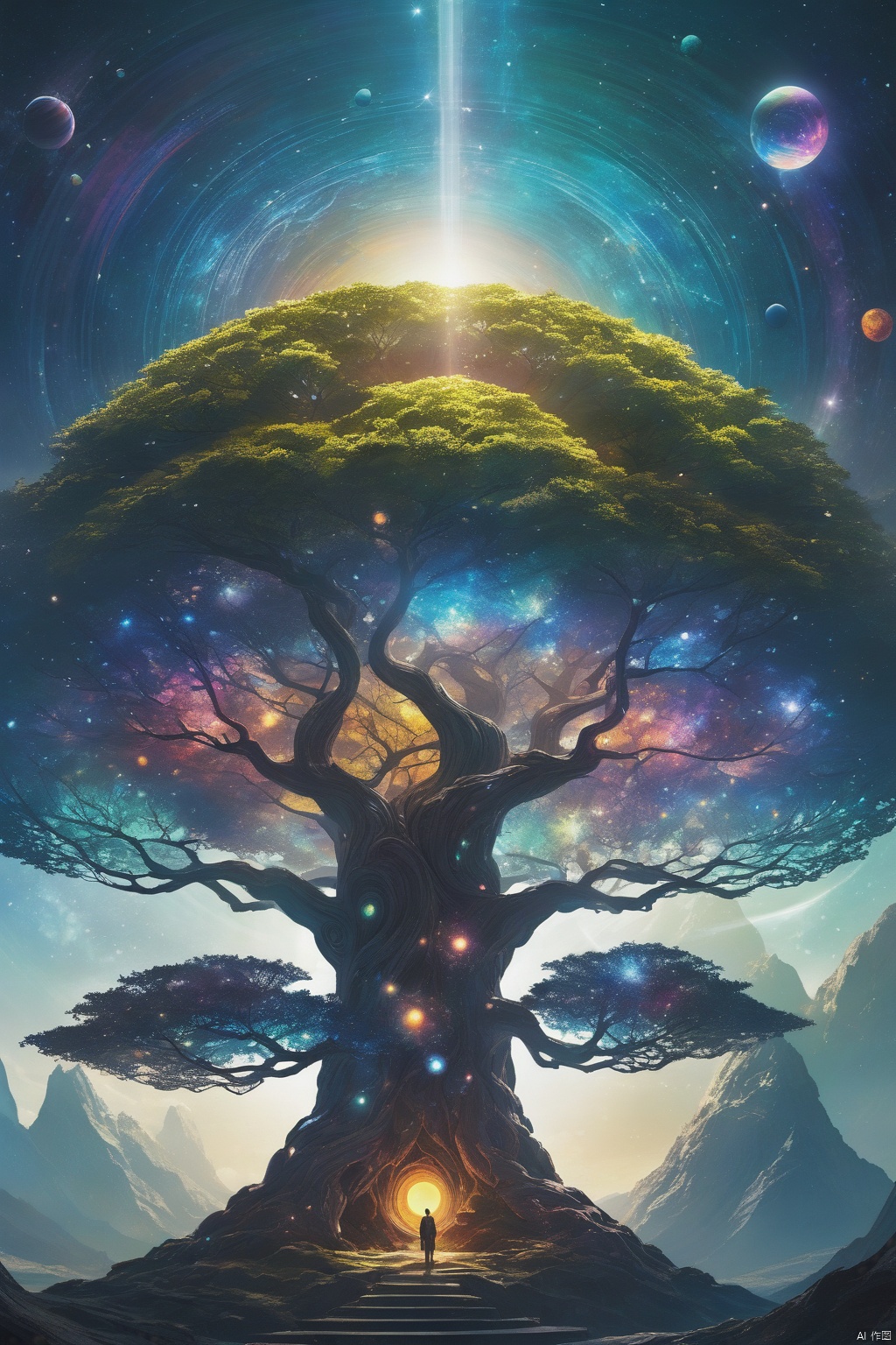 Concept art, stereo light and shadow like art, science fiction scene painting, vivid color, fantasy style, hierarchical, huge, large, (close view, look up), fantasy dark universe, deep and lonely, (a surreal translucent, shining giant tree, Floating in the universe, a giant sun is at the top, with colorful energy connected to it (galaxy, planet, galaxy), (surreal epic scene, crystal crystal, dreamlike), charming visual effect, Arnold, Cara, oc rendering, volume light, huge