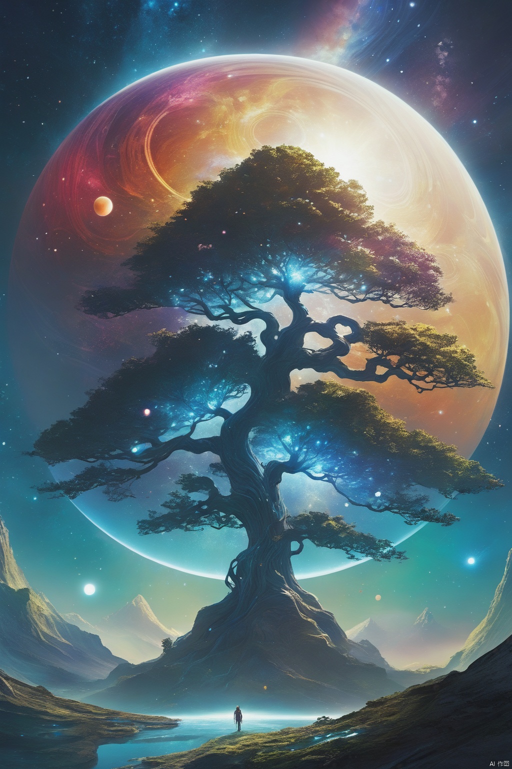 Concept art, stereo light and shadow like art, science fiction scene painting, vivid color, fantasy style, hierarchical, huge, large, (close view, look up), fantasy dark universe, deep and lonely, (a surreal translucent, shining giant tree, Floating in the universe, a giant sun is at the top, with colorful energy connected to it (galaxy, planet, galaxy), (surreal epic scene, crystal crystal, dreamlike), charming visual effect, Arnold, Cara, oc rendering, volume light, huge
