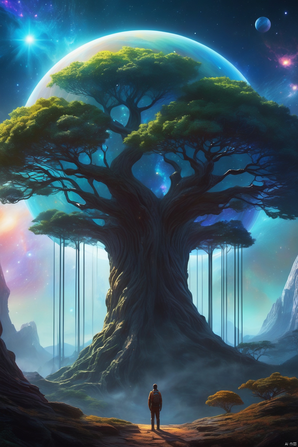 Concept art, stereo light and shadow like art, science fiction scene painting, vivid color, fantasy style, hierarchical, huge, fantasy dark universe, deep and lonely, (a surreal translucent, shining giant tree, suspended in the universe), A giant sun is located at the top, with colorful energy connected to it (galaxy, planet, galaxy around :1.3),(surreal epic scene, charming visual effect, atmospheric perspective),奇幻世界,世界树
