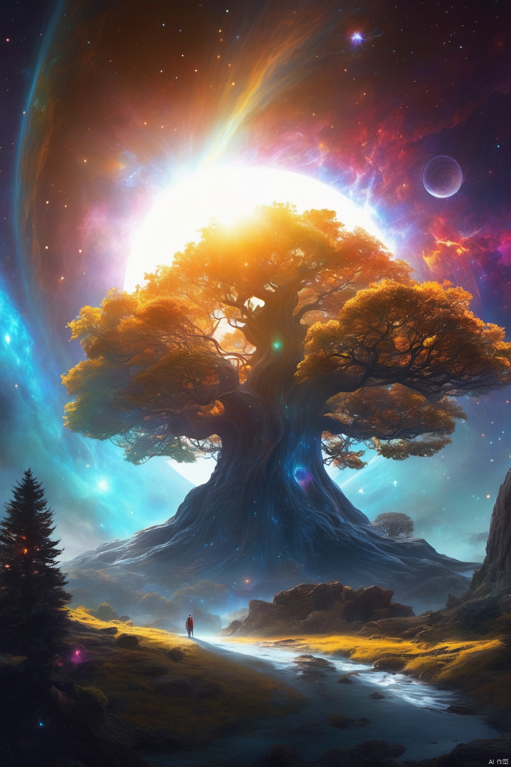 Concept art, stereo light and shadow like art, science fiction scene painting, vivid color, fantasy style, hierarchical, huge, fantasy dark universe, deep and lonely, (a surreal translucent, shining giant tree, suspended in the universe), A giant sun is located at the top, with colorful energy connected to it (galaxy, planet, galaxy around :1.3),(surreal epic scene, charming visual effect, atmospheric perspective),奇幻世界,世界树