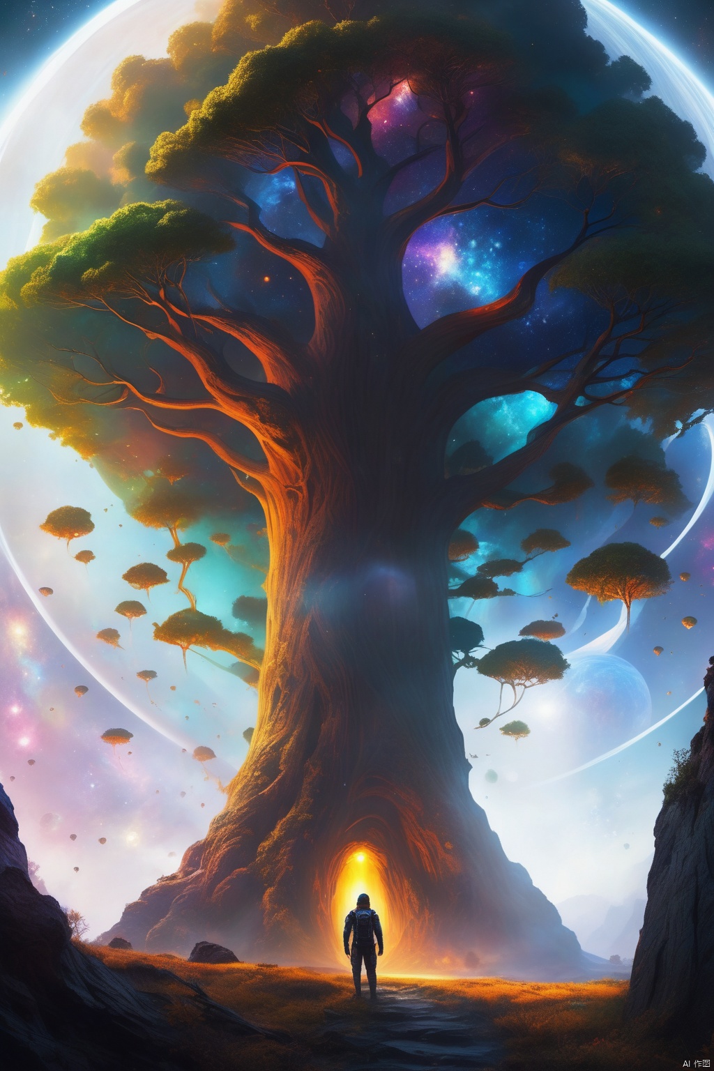 Concept art, stereo light and shadow like art, science fiction scene painting, vivid color, fantasy style, hierarchical, huge, large, (close view, look up), fantasy dark universe, deep and lonely, (a surreal translucent, shining giant tree, Floating in the universe, a giant sun is at the top, with colorful energy connected to it (galaxy, planet, galaxy), (surreal epic scene, crystal crystal, dreamlike), charming visual effect, Arnold, Cara, oc rendering, volume light, huge, DCG