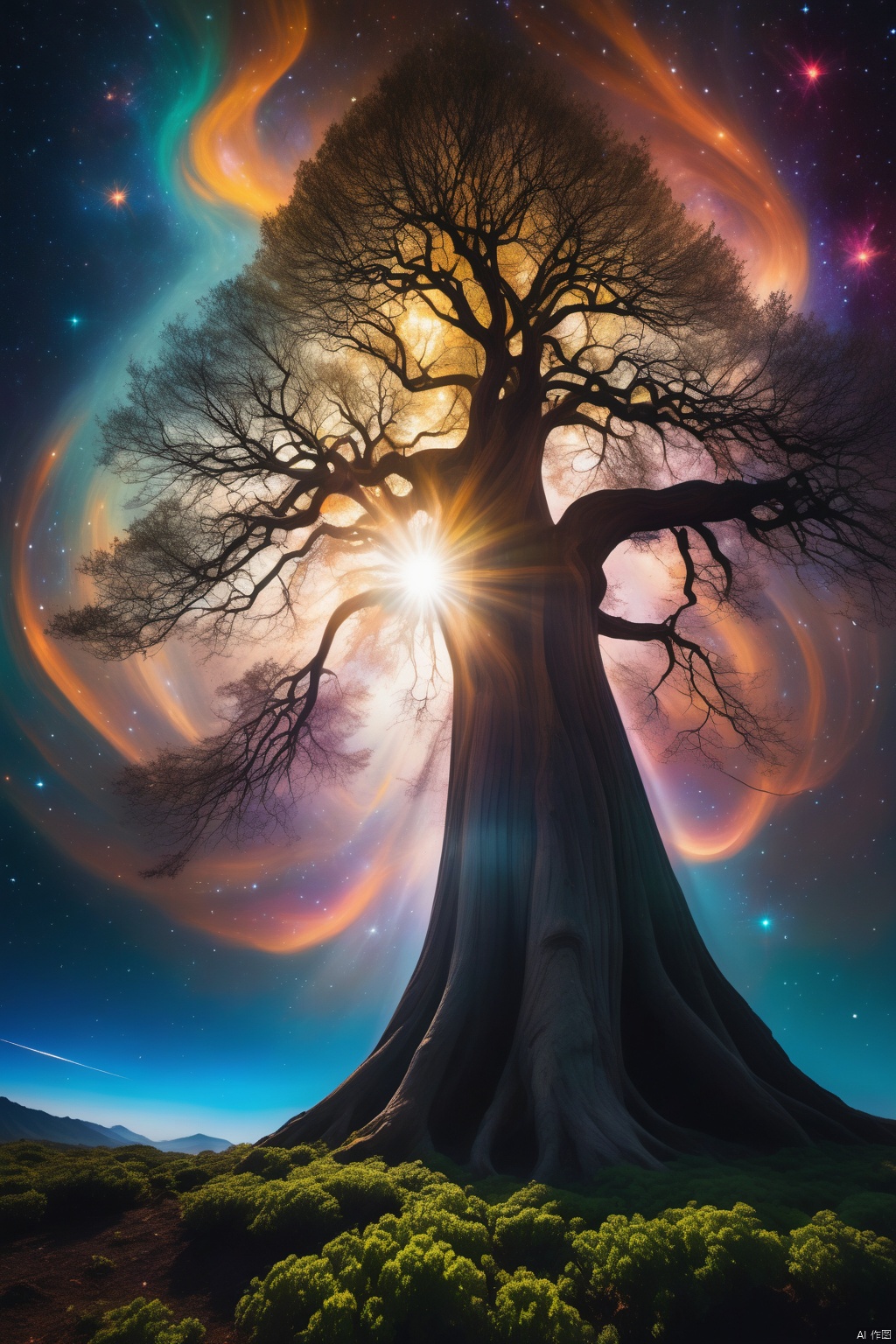 In a vast expanse of space, a surreal giant tree, translucent and luminous, suspended in the heart of the universe. The tree trunks and leaves glowed softly. At the top of the tree, a sun radiates warm and powerful energy, forming energy bonds with the tree. Galaxies whirled around, stars suspended in the branches. (A visual feast, colorful light and shadow interleaving, forming a dreamlike cosmic wonder), (atmospheric perspective, panoramic view),奇幻世界,世界树