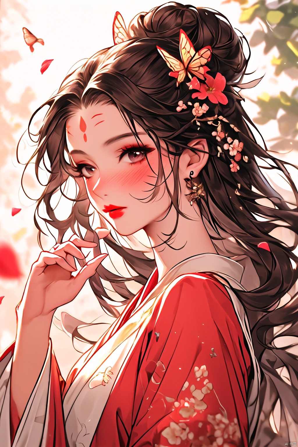 (\hui mou\), 1girl, solo, hair ornament, jewelry, earrings, petals, flower, upper body, long hair, chinese clothes, long sleeves, blurry, hair flower, falling petals, bug, black hair, butterfly, blurry background, hand up, dress, hanfu, forehead mark, light particles, hair bun, facial mark, from side, brown eyes, closed mouth, brown hair, red lips, eyelashes, blush, jijianchahua