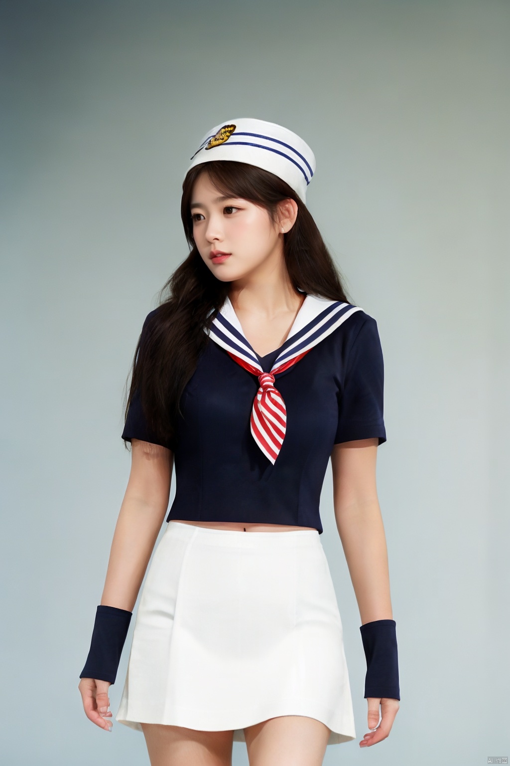 1girl, solo, long hair, looking at viewer, brown hair, hat, short sleeves, sailor shirt, cowboy shot, midriff, miniskirt, sailor collar, blurry background, index finger raised, realistic, sailor, large breasts, ((Binding))