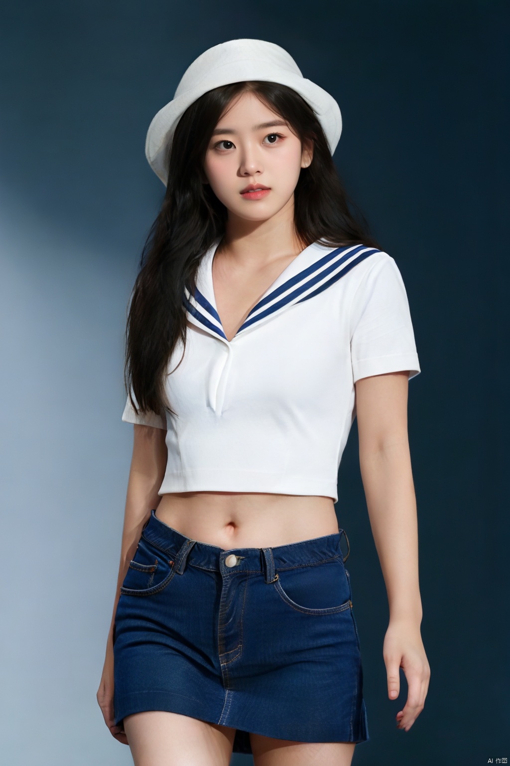 1girl, solo, long hair, looking at viewer, brown hair, hat, short sleeves, sailor shirt, cowboy shot, midriff, miniskirt, sailor collar, blurry background, index finger raised, realistic, sailor, large breasts, ((Binding))