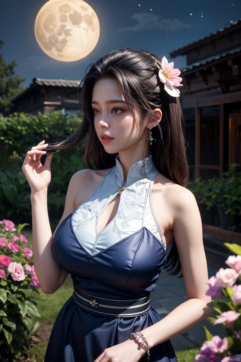  1girl,Xlanlinge,ooking from above,pink flower,(big breasts:1.25),Masterpieces,sky,full moon,
