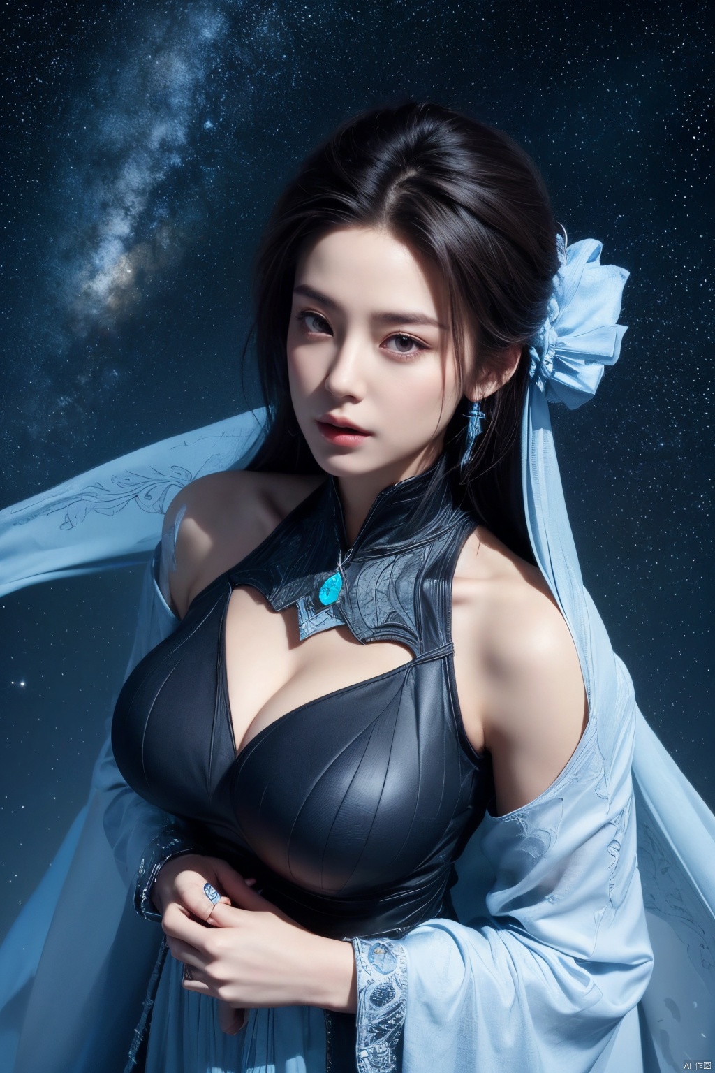  1girl,Xlanlinge,looking from above,(big breasts:1.39),Masterpieces,starry sky background
