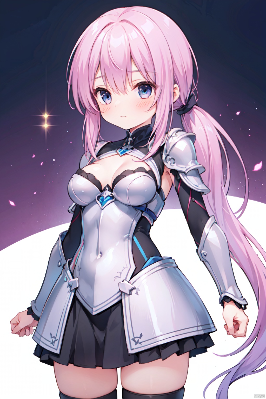 1girl,low ponytail,(pink_hair),crossed bangs,armour,armour dress,looking down,medium breast,Silver armor,Cleavage,thigh,cowboy_shot,girl,blue eyes,shigetoakiho,