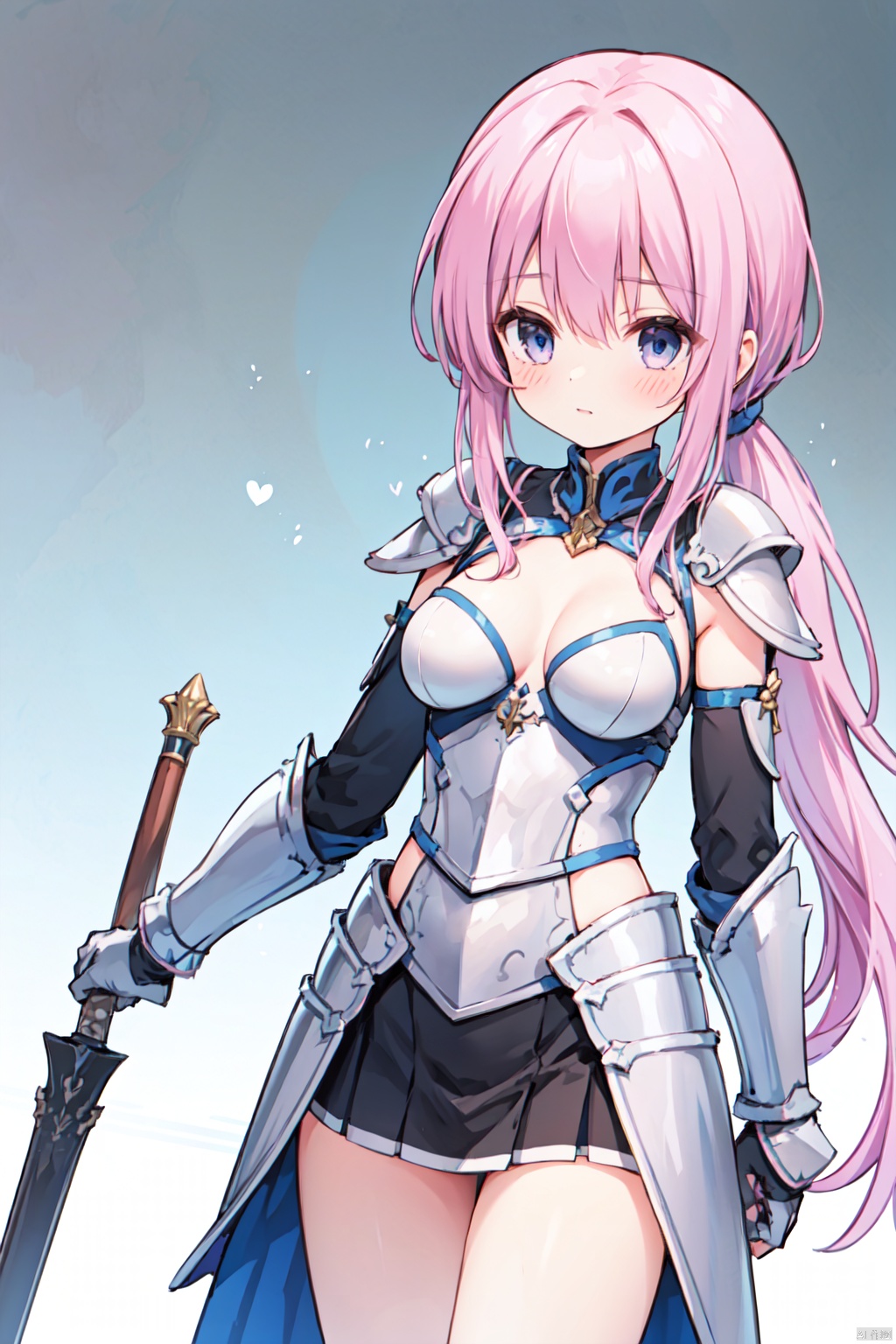 1girl,low ponytail,(pink_hair),crossed bangs,armour,armour dress,looking down,medium breast,Silver armor,Cleavage,thigh,cowboy_shot,girl,blue eyes,shigetoakiho,