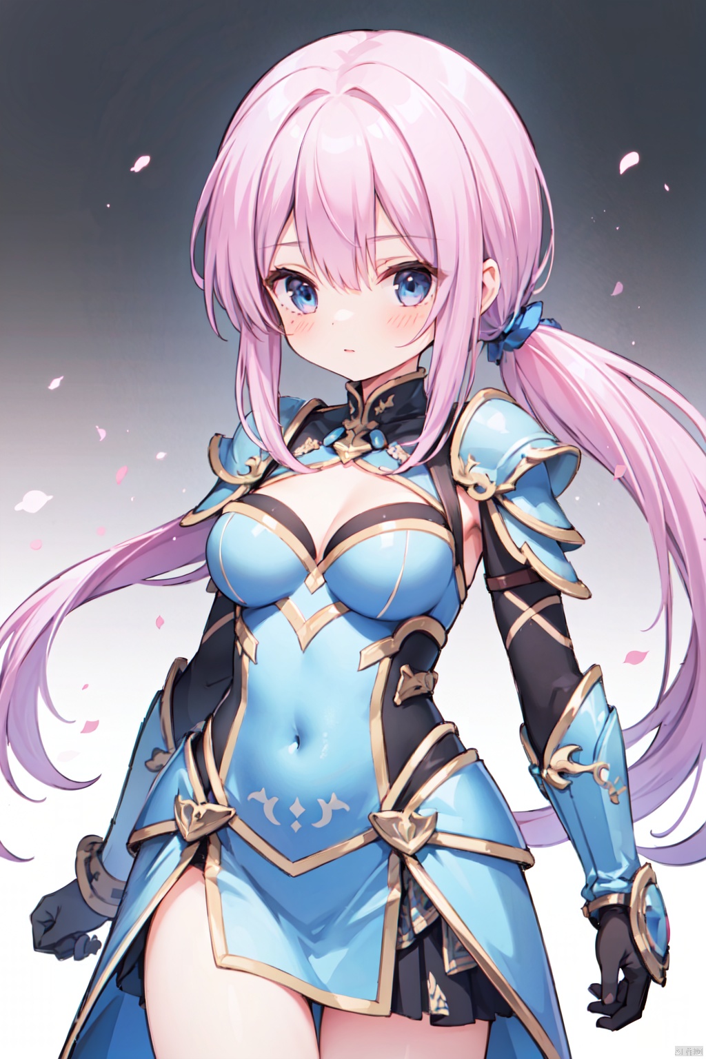 1girl,low ponytail,(pink_hair),crossed bangs,armour,armour dress,looking down,medium breast,Silver armor,Cleavage,thigh,cowboy_shot,girl,blue eyes,shigetoakiho,