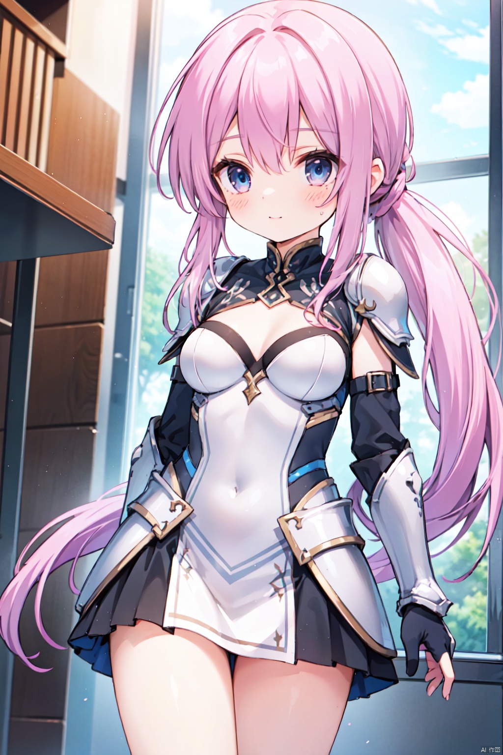 1girl,low ponytail,(pink_hair),crossed bangs,armour,armour dress,looking down,medium breast,Silver armor,Cleavage,thigh,cowboy_shot,girl,blue eyes,shigetoakiho,