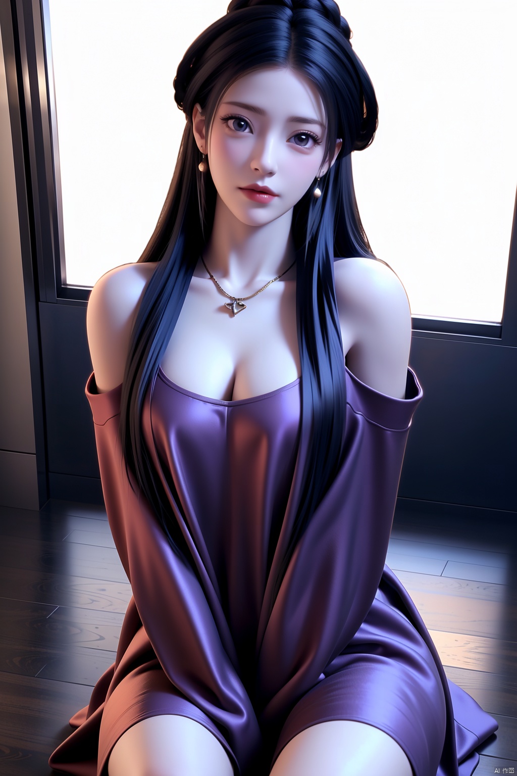 1girl,solo,perfect face,look at viewer,sitting,bangs,very long hair,black hair,eyebrows visible through hair,purple eyes,blush,lips,
sleeveless,bare shoulders,cleavage,collarbone,
fur-trimmed jacket,off shoulder ,red strapless dress, pantyhose ,
masterpiece, best quality, highly detailed,