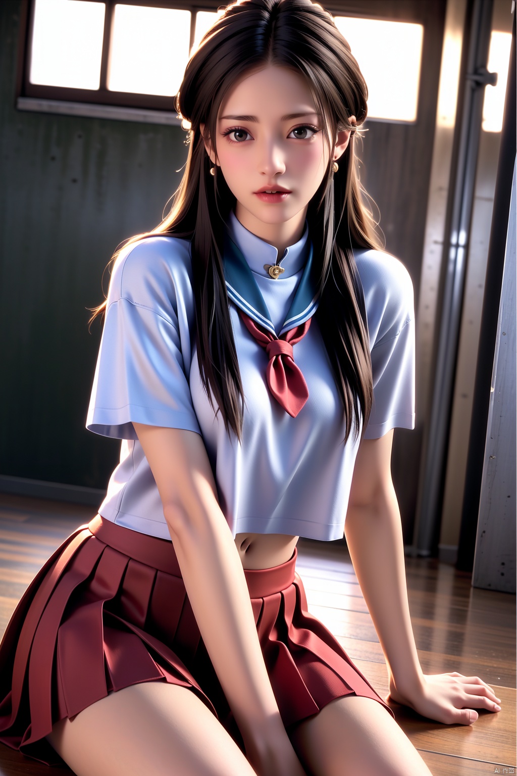 1girl,perfect face,look at viewer,sitting,
wet,see-through,large breasts,school uniform,serafuku,white shirt,short sleeves,red sailor collar,midriff,red skirt,pleated skirt,miniskirt,
masterpiece,best quality,highly detailed,