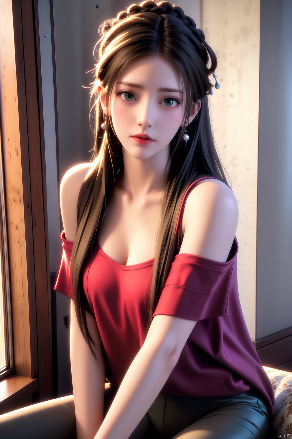 1girl,solo,perfect face,look at viewer,sitting,
collarbone,bare shoulders,large breasts,red ribbon,black panties,black pantyhose,
masterpiece,best quality,highly detailed,
long hair,blonde hair,parted bangs,green eyes,frown,blush,collarbone,eyebrows visible through hair,eyelashes,