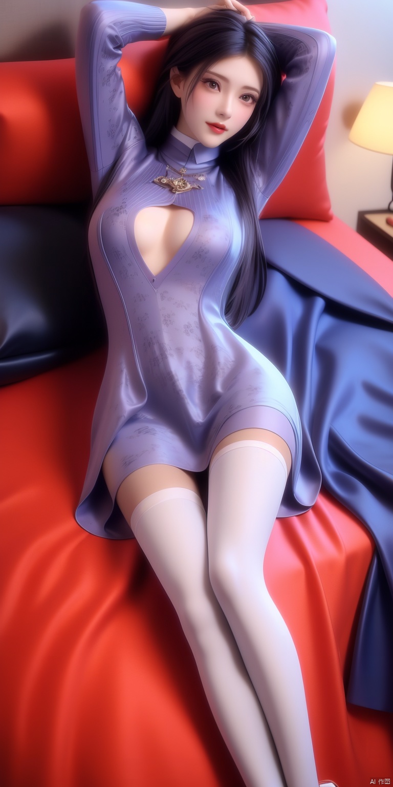 1girl,solo,perfect face,look at viewer,sitting,
realistic,large breasts,see-through,sweater,grey dress,purple dress,long sleeves,web address,pantyhose,high heels,
masterpiece,best quality,highly detailed,Beautiful thighs, showing thighs,(Lying in bed:1.4)